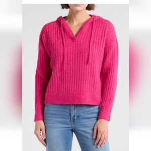 LUCKY BRAND PINK LONG SLEEVE PULLOVER HOODED RIBBED SWEATER L
